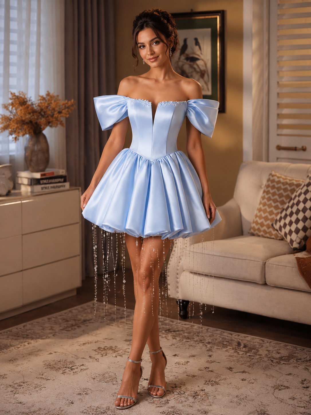 Blue Satin Off the Shoulder Beading Short Homecoming Dresses