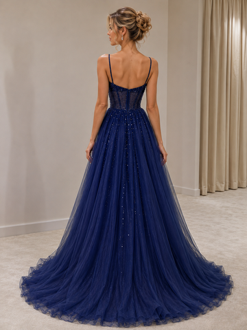 Blue Spaghetti Straps Tulle Beading A Line Prom Dresses