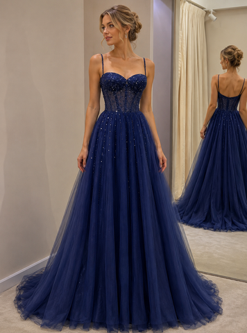 Blue Spaghetti Straps Tulle Beading A Line Prom Dresses