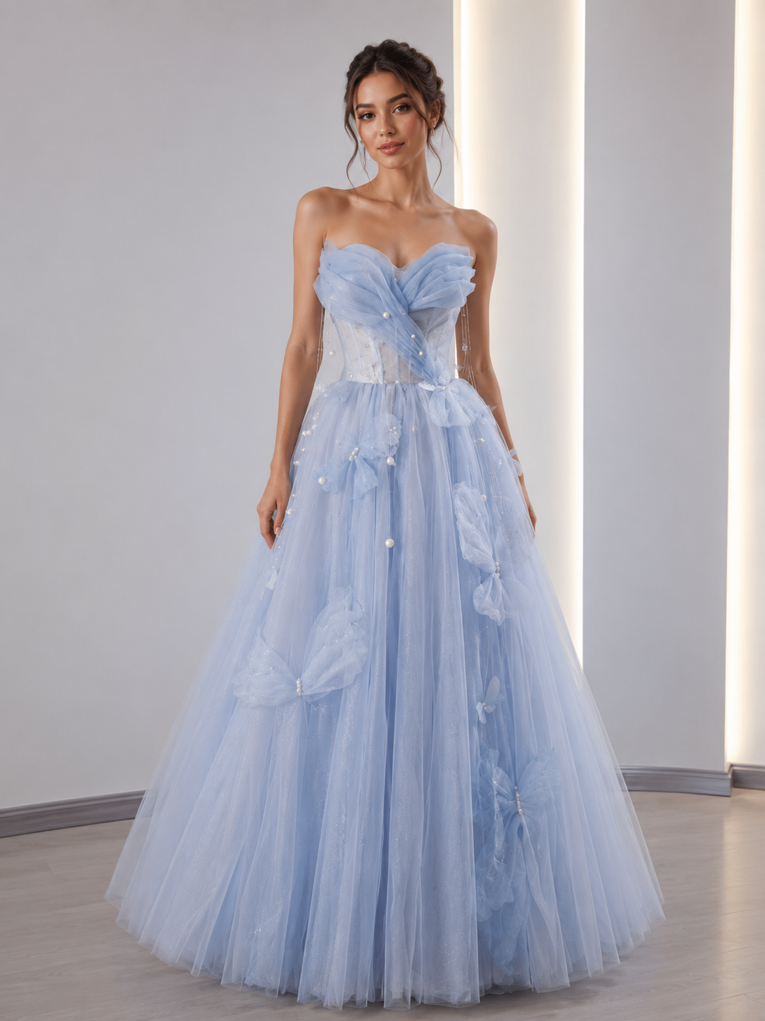 Blue Tulle Off the Shoulder Butterfly A Line Prom Dresses