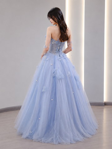 Blue Tulle Off the Shoulder Butterfly A Line Prom Dresses