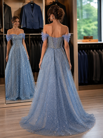 Blue Tulle Sequins Off the Shoulder Pleats A Line Prom Dresses