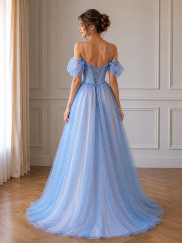 Blue Tulle Sequins Spahetti Straps A Line Prom Dresses