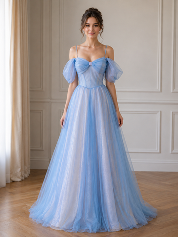 Blue Tulle Sequins Spahetti Straps A Line Prom Dresses