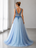 Blue Tulle V-neck Appliques Beading A Line Prom Dresses