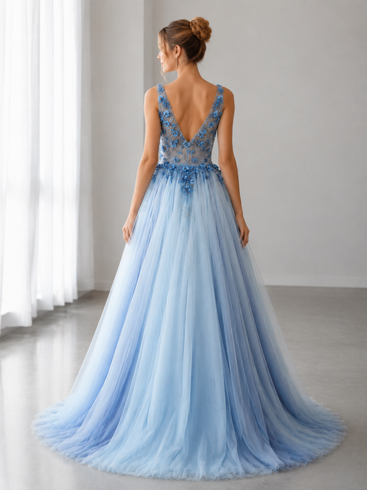Robes de bal bleues en tulle avec col en V, appliques et perles, coupe trapèze