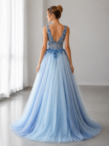 Blue Tulle V-neck Appliques Beading A Line Prom Dresses