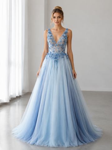 Blue Tulle V-neck Appliques Beading A Line Prom Dresses