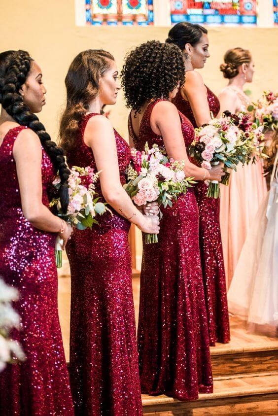V Neck Sleeveless Burgundy Sequin Bridesmaid Dresses - Pic Color / Custom Size V Neck Sleeveless Burgundy Sequin Bridesmaid Dresses - Pic Color / Custom Size