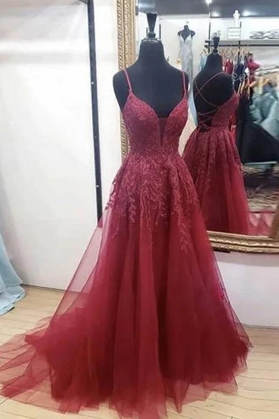 Burgundy Tulle A-line Cross Back Prom Dresses With Thigh Slit, Formal Dress,BD930819