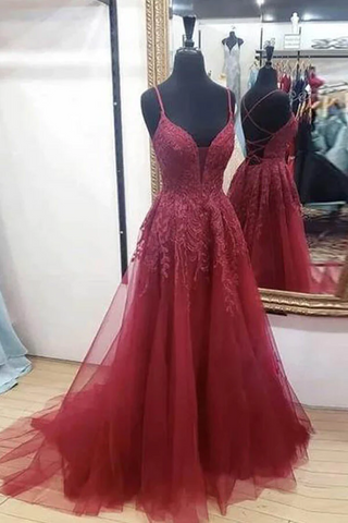 Burgundy Tulle A-line Cross Back Prom Dresses With Thigh Slit, Formal Dress