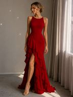 Burgundy Mermaid Halter Sexy Chiffon Long Prom Dresses