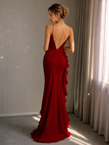 Burgundy Mermaid Halter Sexy Chiffon Long Prom Dresses