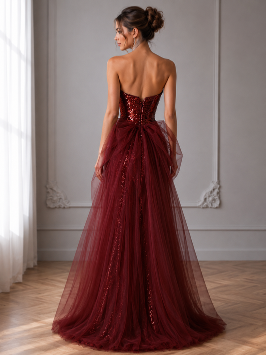 Robes de bal bustier en tulle à paillettes sirène bordeaux