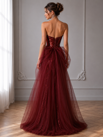 Burgundy Mermaid Sequins Tulle Strapless Prom Dresses