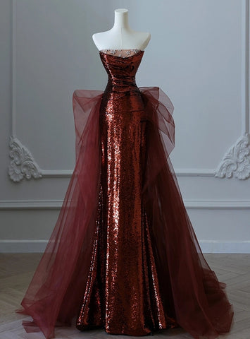 Burgundy Mermaid Sequins Tulle Strapless Prom Dresses