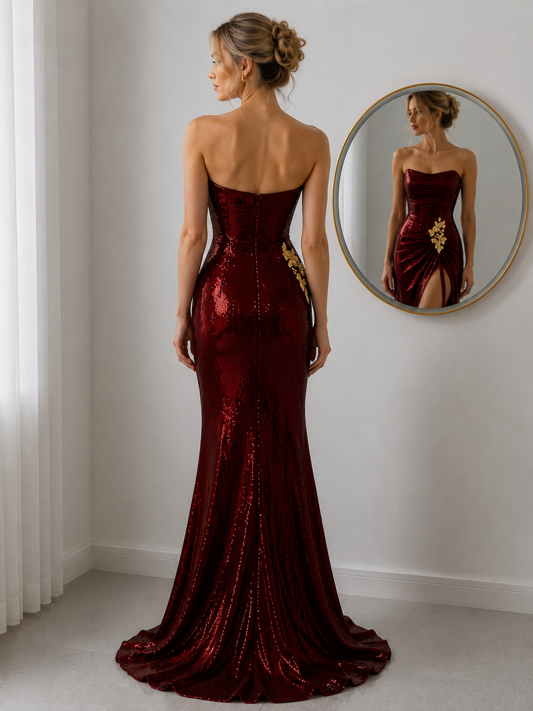 Robes de bal longues sirène plissées sans bretelles à paillettes bordeaux