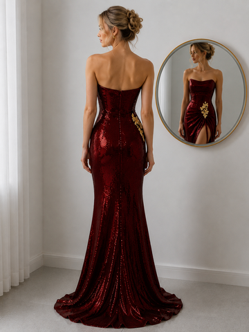 Burgundy Sequins Strapless Mermaid long Pleats Prom Dresses