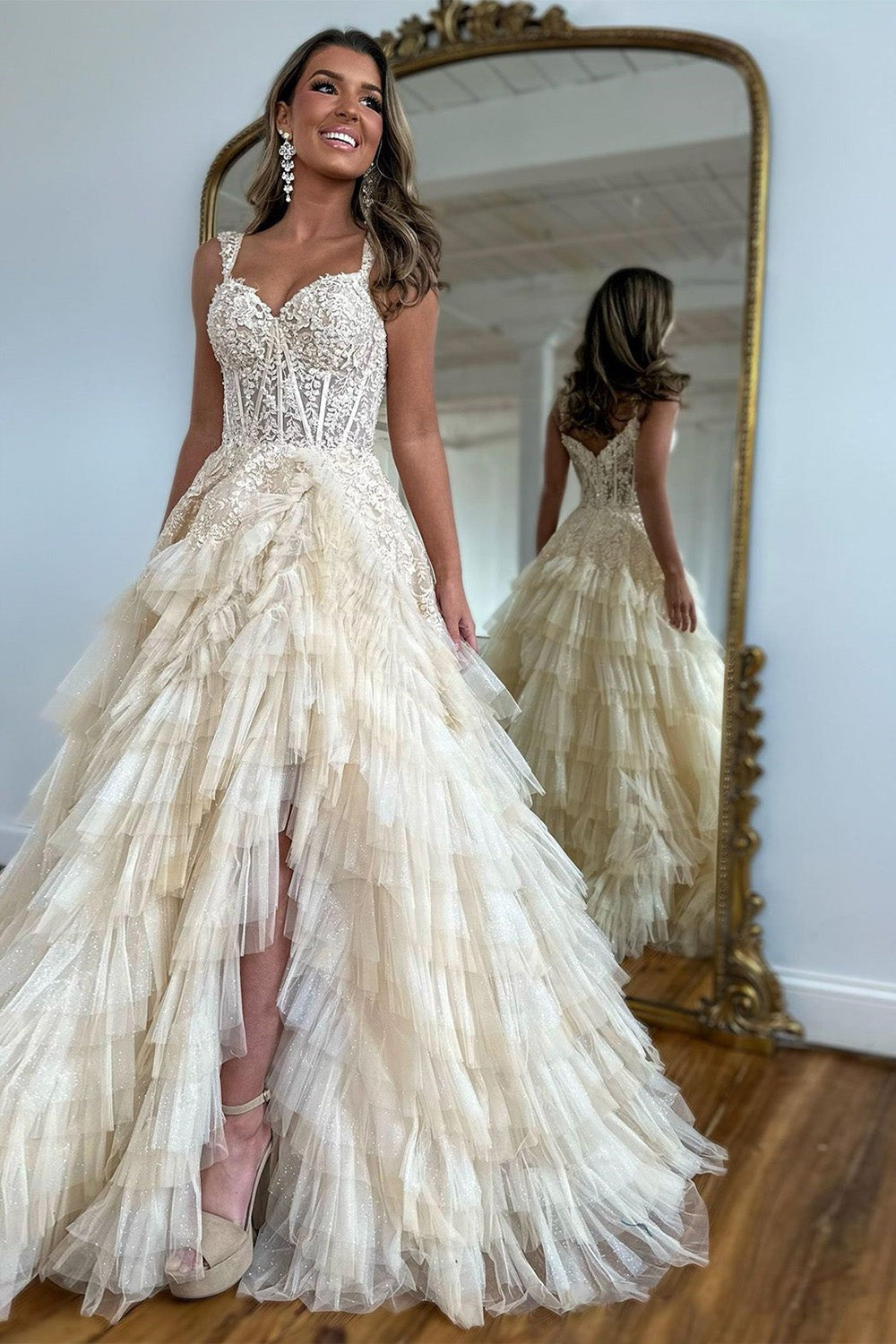 Champagne A-Line Tulle Long Prom Dresses