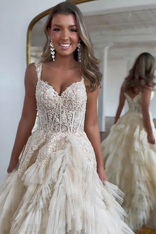 Champagne A-Line Tulle Long Prom Dresses