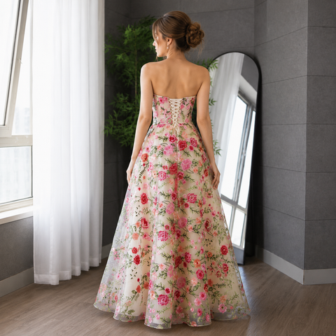 Champagne Tulle Strapless Embroidery Flower Prom Dresses