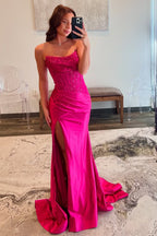 Mermaid Fuchsia Strapless Lace Top Satin Prom Dresses