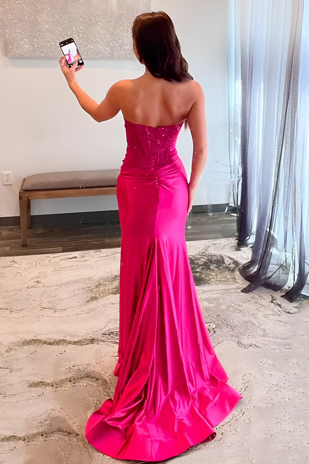 Charming Mermaid Fuchsia Strapless Lace Top Satin Prom Dress with Leg Slit Fuchsia / US6 Charming Mermaid Fuchsia Strapless Lace Top Satin Prom Dress with Leg Slit Fuchsia / US6