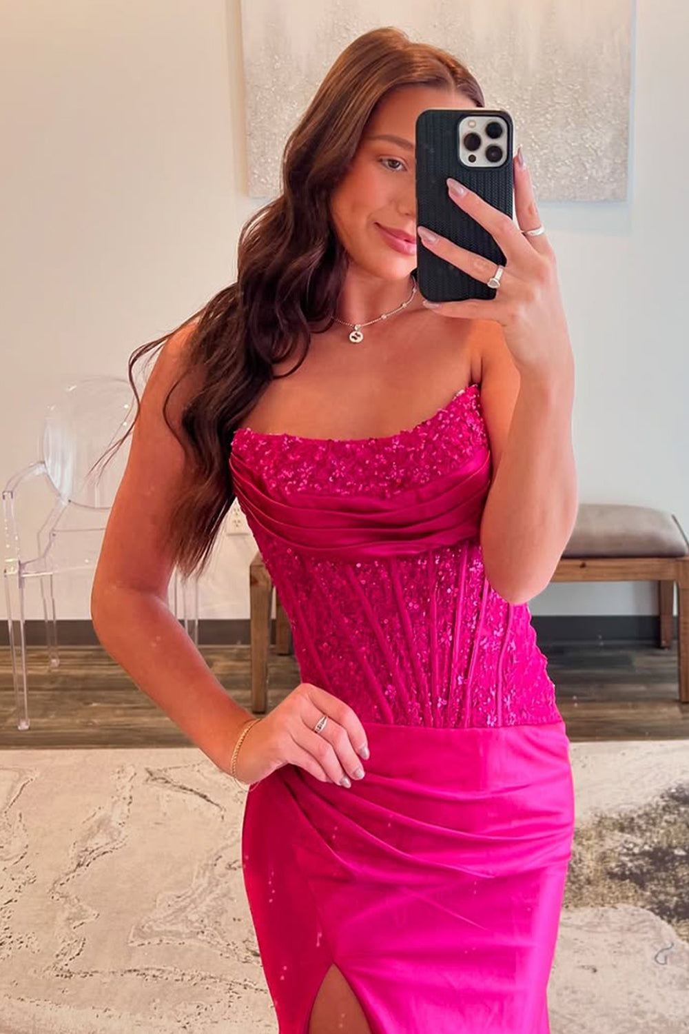 Mermaid Fuchsia Strapless Lace Top Satin Prom Dresses