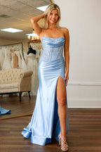 Mermaid Fuchsia Strapless Lace Top Satin Prom Dresses