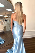 Mermaid Fuchsia Strapless Lace Top Satin Prom Dresses