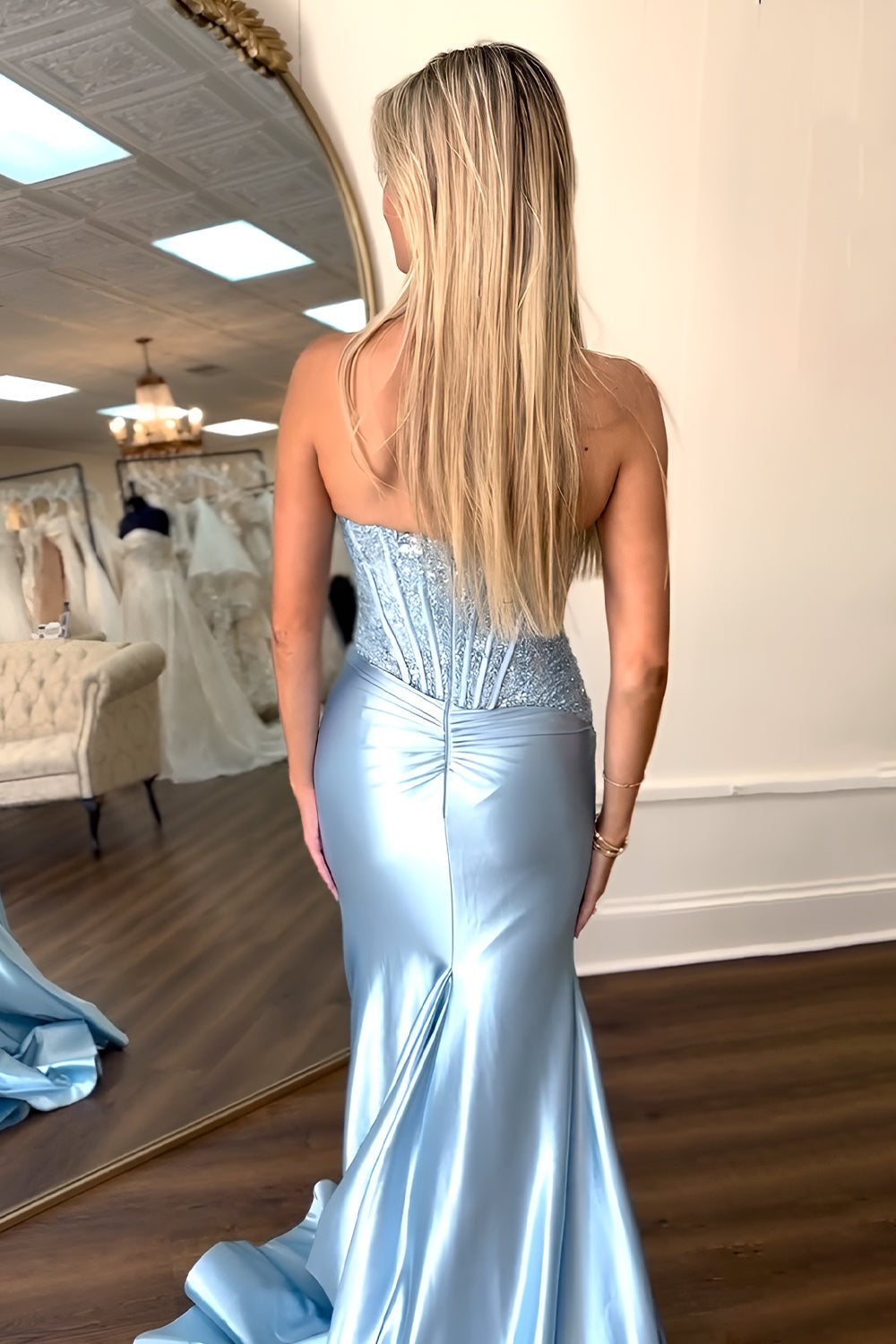 Mermaid Fuchsia Strapless Lace Top Satin Prom Dresses