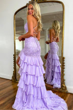 Lilac Mermaid Spaghetti Straps Lace Prom Dresses