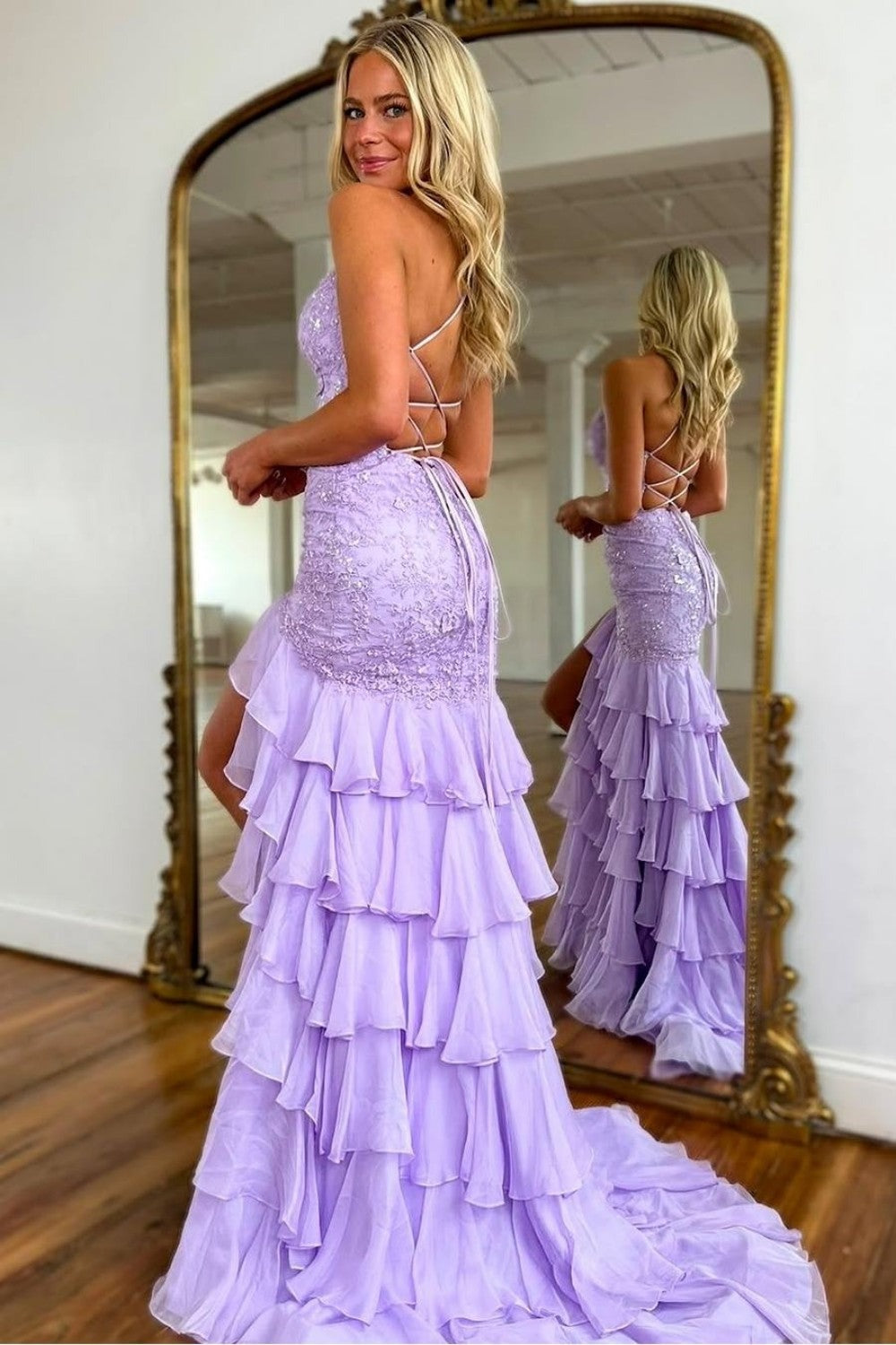 Robes de Bal Bretelles Spaghetti en Dentelle Sirène Lilas