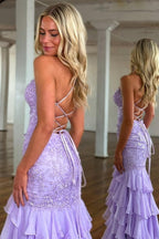 Lilac Mermaid Spaghetti Straps Lace Prom Dresses