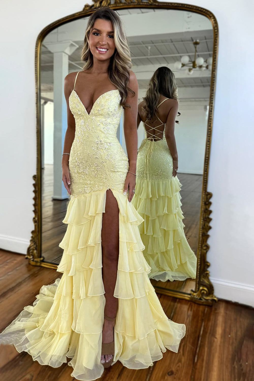 Robes de Bal Bretelles Spaghetti en Dentelle Sirène Lilas