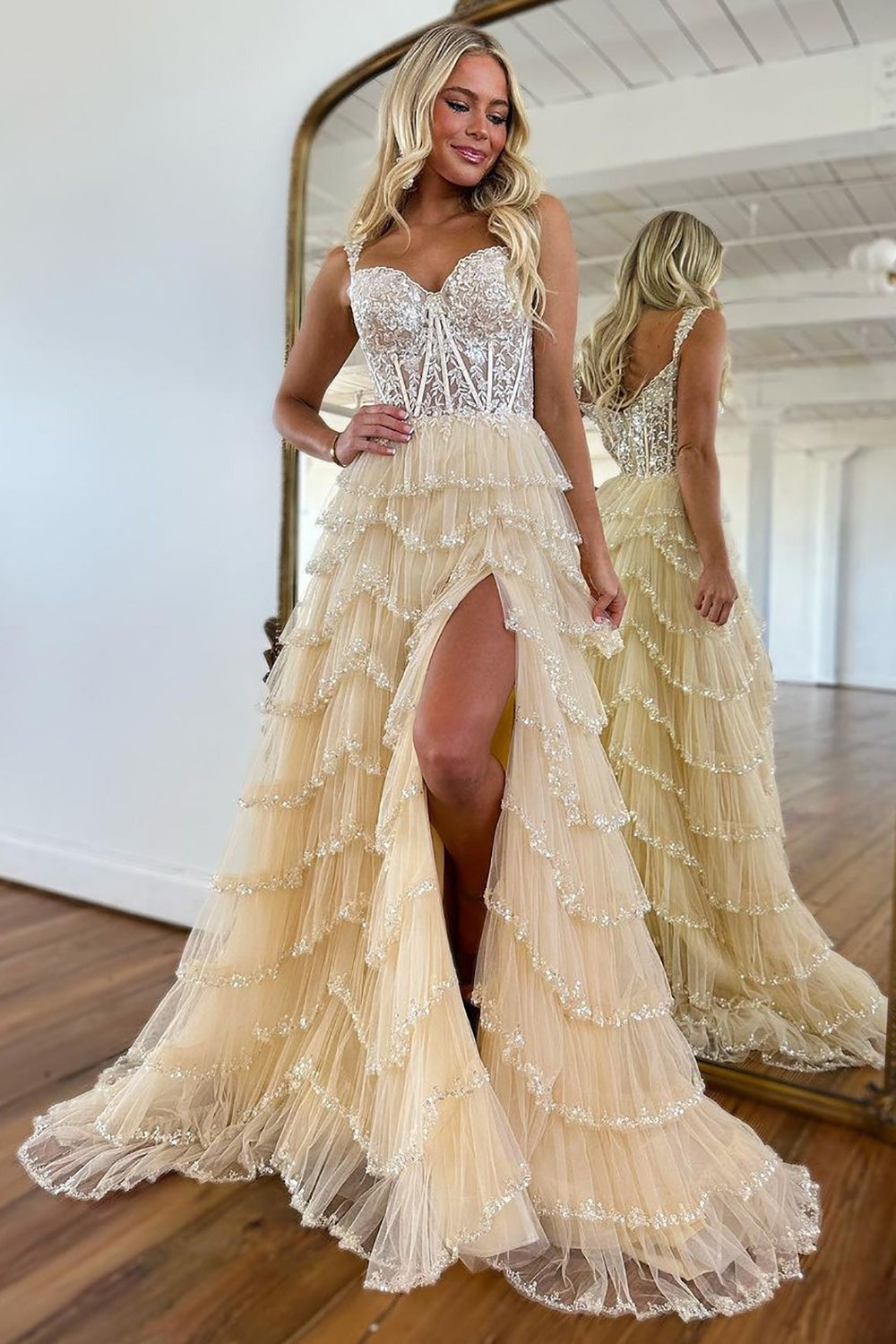 Charming Off The Shoulder A-Line Long Tiered Prom Dresses