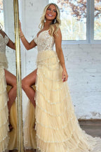 Charming Off The Shoulder A-Line Long Tiered Prom Dresses