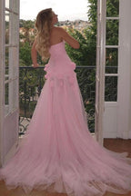 Pink Mermaid Strapless Long Tulle 3D Flowers Prom Dresses