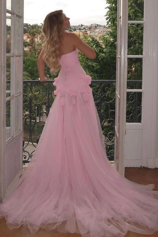 Robes de bal sirène bustier en tulle longues avec fleurs 3D roses