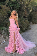 Pink Mermaid Strapless Long Tulle 3D Flowers Prom Dresses