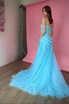 Pink Mermaid Strapless Long Tulle 3D Flowers Prom Dresses