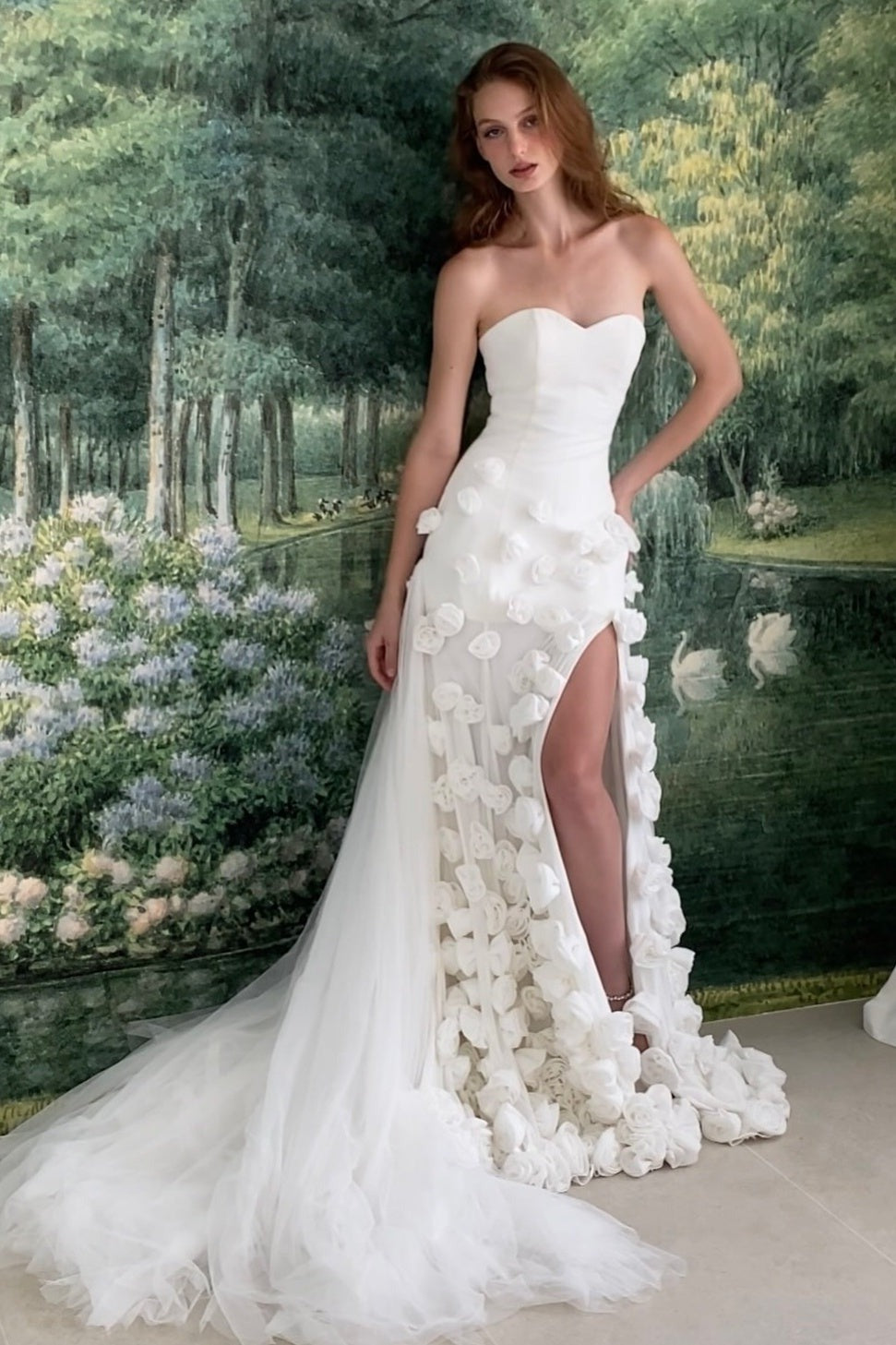 Pink Mermaid Strapless Long Tulle 3D Flowers Prom Dresses