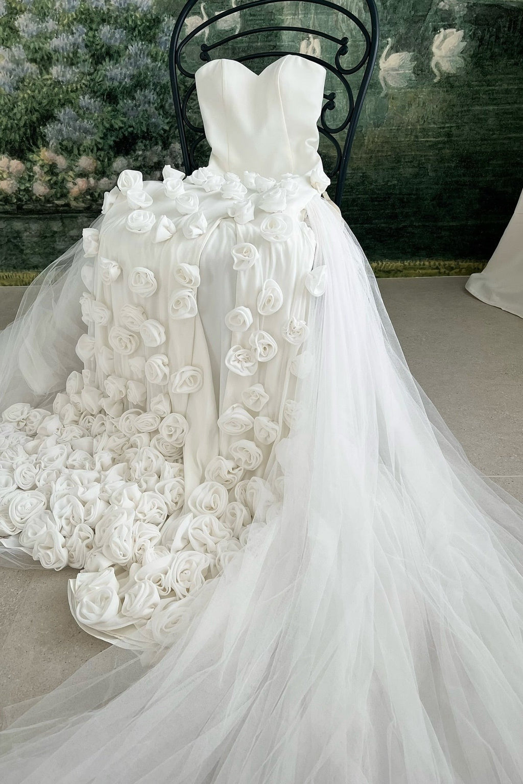 Pink Mermaid Strapless Long Tulle 3D Flowers Prom Dresses