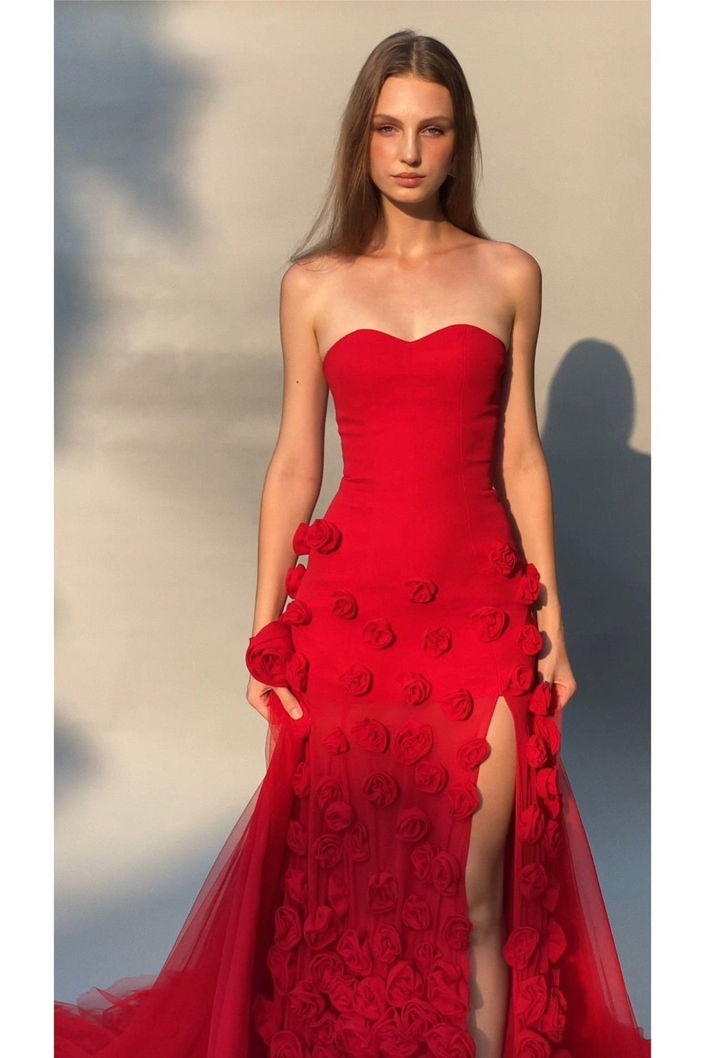 Pink Mermaid Strapless Long Tulle 3D Flowers Prom Dresses