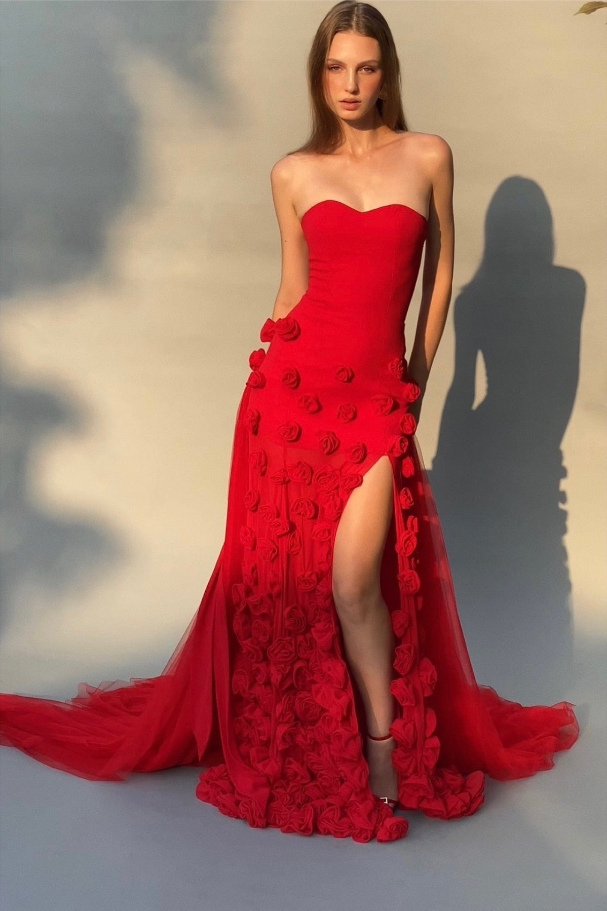 Pink Mermaid Strapless Long Tulle 3D Flowers Prom Dresses