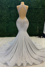 Mermaid Sparkle Silver Satin Beaded Long Prom Dresses