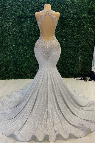 Mermaid Sparkle Silver Satin Beaded Long Prom Dresses