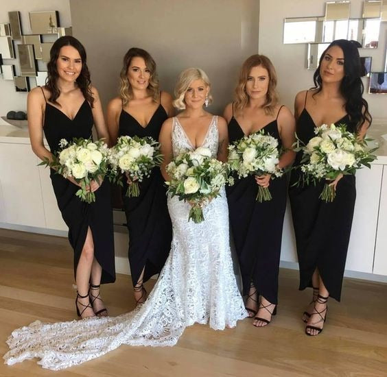 Black V Neck Spaghetti Straps Short Bridesmaid Dresses Boho Sheath – luladress