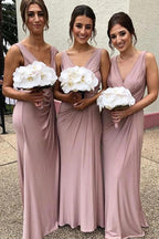 Cheap  Sleeveless Deep V Neck Chiffon Blush Pink Bridesmaid Dresses