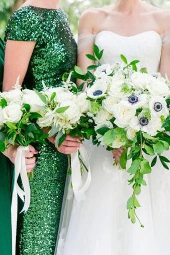 Green Sequin Bridesmaid Dresses Long Emerald Wedding Guests Dress Draped